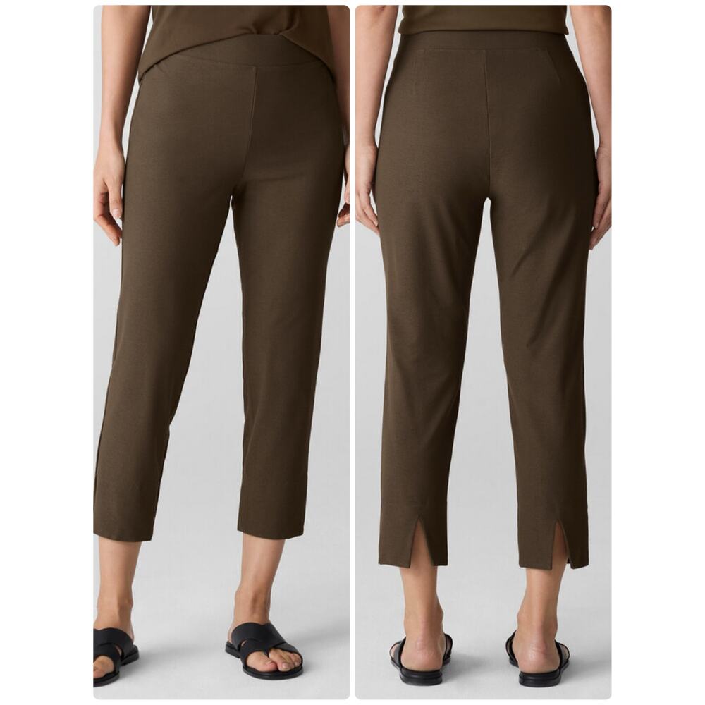 EILEEN FISHER Green Slim Pant L Cropped – Stretch Crepe, Back Slits Work Casual